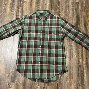 Polo Ralph Lauren Plaid Shirt Suede Elbow Patches size Medium Green